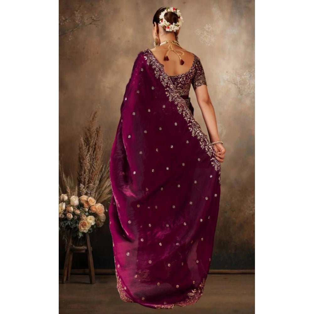 Snuggle Spot Women's Silk Embroidered Saree With Unstitched Blouse 5.5Mtr (Wine)