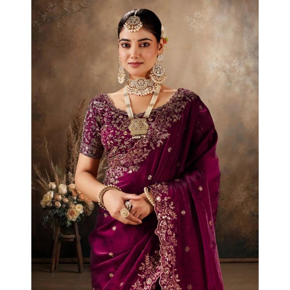 Snuggle Spot Women's Silk Embroidered Saree With Unstitched Blouse 5.5Mtr (Wine)