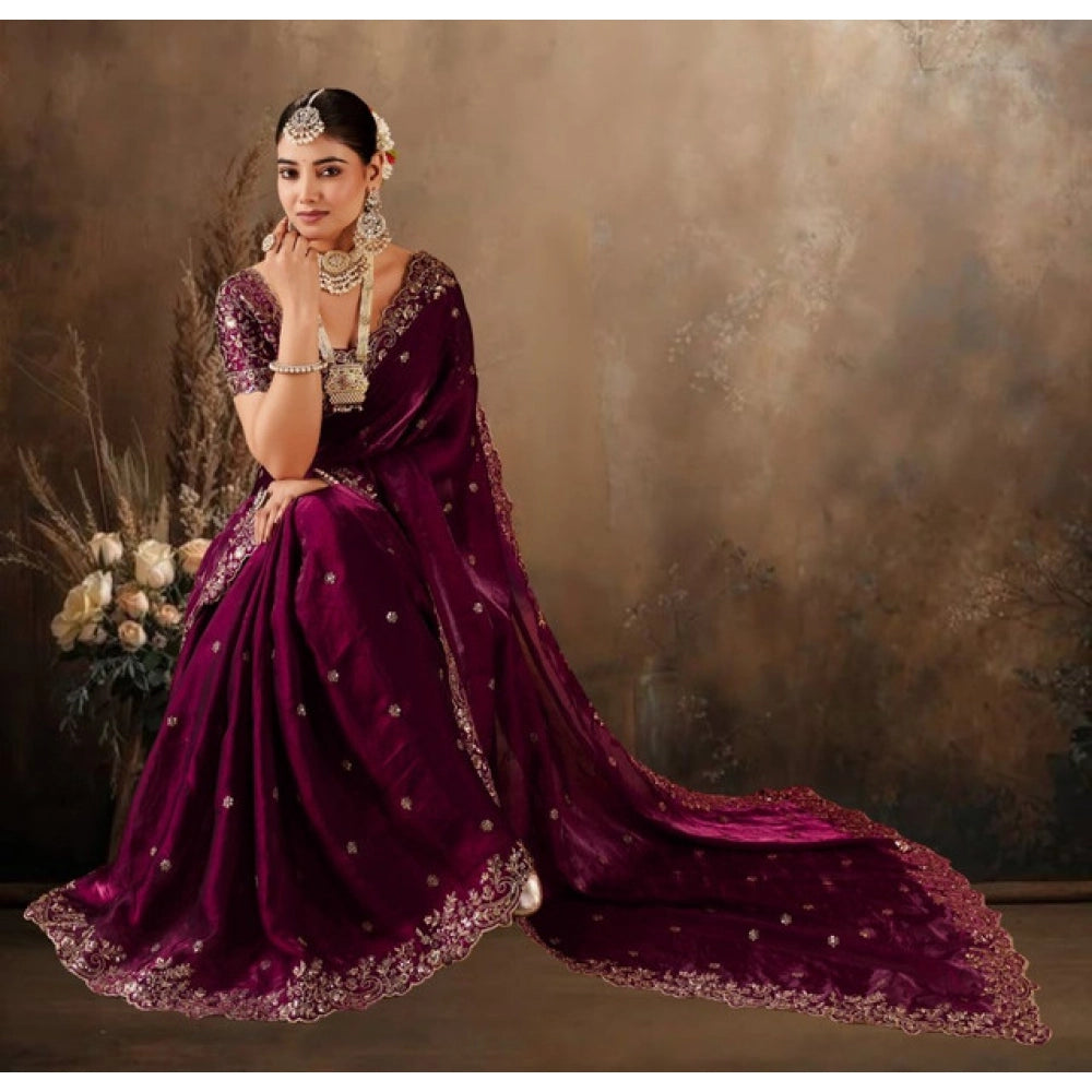 Snuggle Spot Women's Silk Embroidered Saree With Unstitched Blouse 5.5Mtr (Wine)