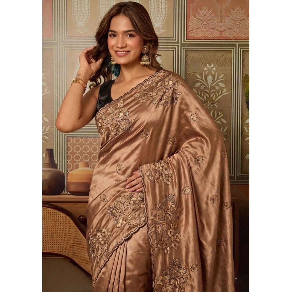 Snuggle Spot Women's Viscose Silk Embroidered Saree With Unstitched Blouse 5.5Mtr (Brown)