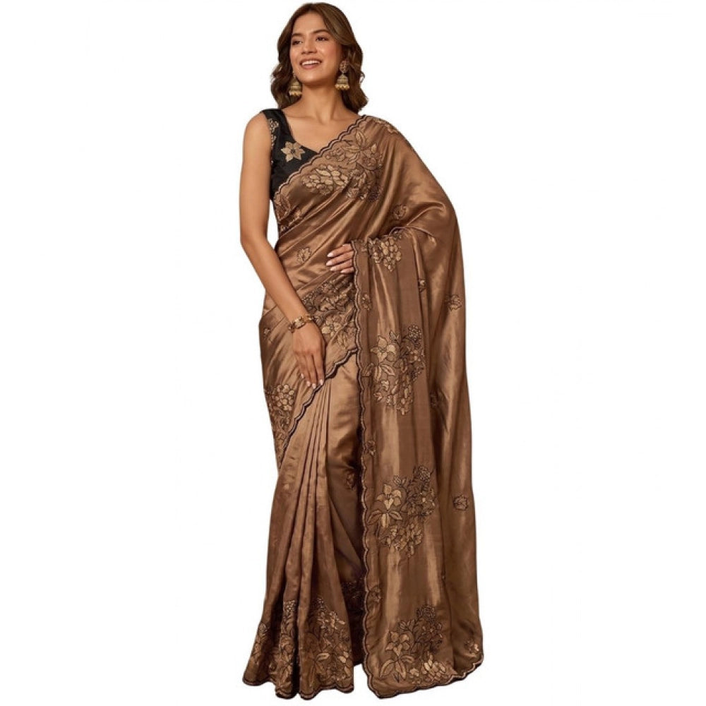 Snuggle Spot Women's Viscose Silk Embroidered Saree With Unstitched Blouse 5.5Mtr (Brown)