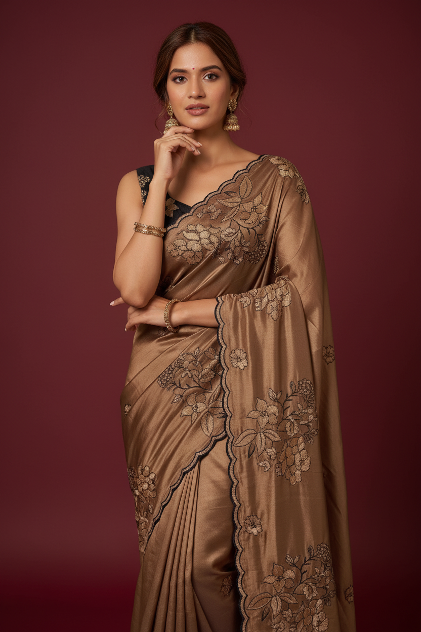 Snuggle Spot Women's Viscose Silk Embroidered Saree With Unstitched Blouse 5.5Mtr (Brown)