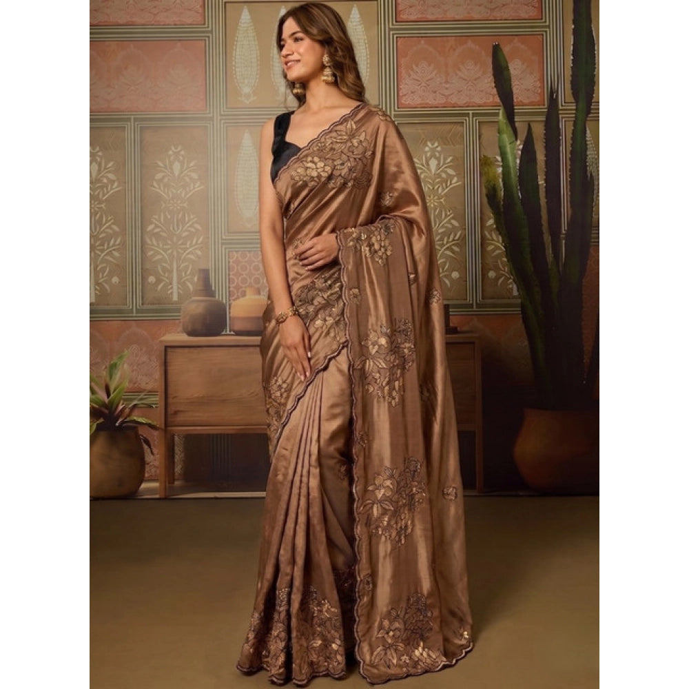 Snuggle Spot Women's Viscose Silk Embroidered Saree With Unstitched Blouse 5.5Mtr (Brown)