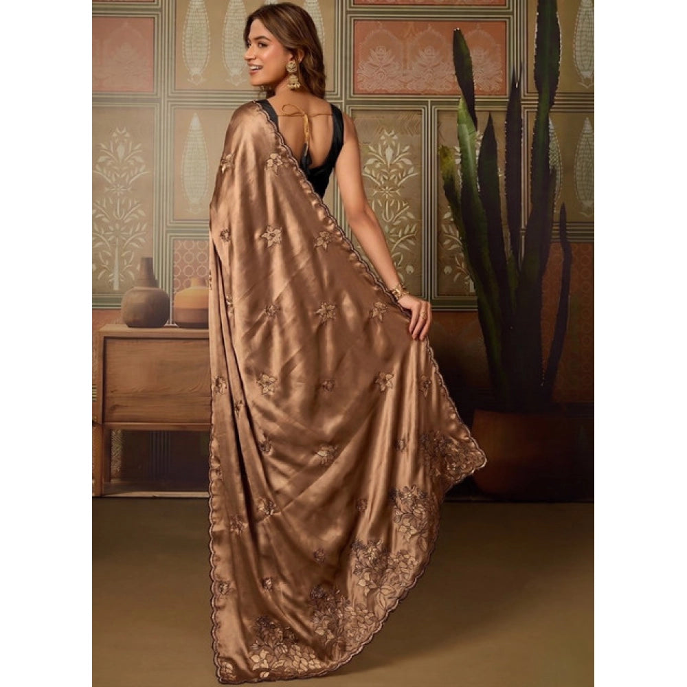 Snuggle Spot Women's Viscose Silk Embroidered Saree With Unstitched Blouse 5.5Mtr (Brown)
