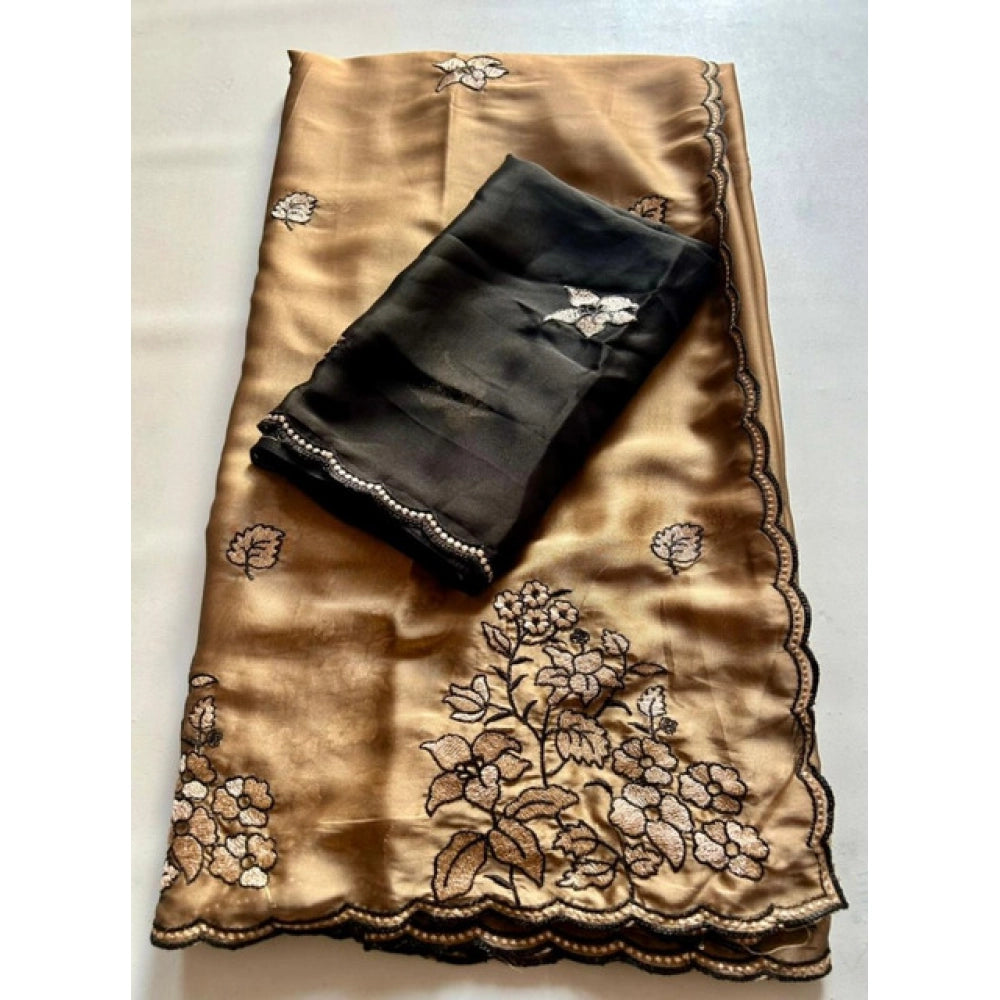 Snuggle Spot Women's Viscose Silk Embroidered Saree With Unstitched Blouse 5.5Mtr (Brown)