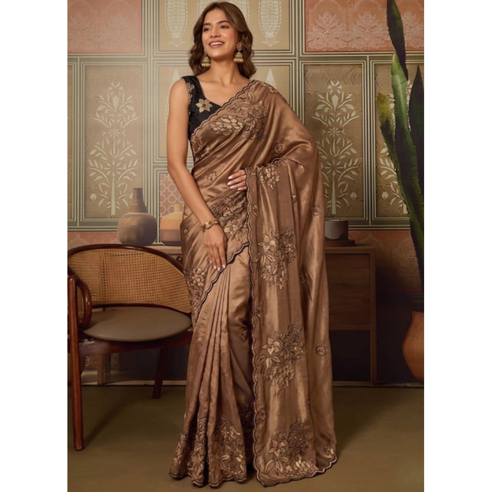 Snuggle Spot Women's Viscose Silk Embroidered Saree With Unstitched Blouse 5.5Mtr (Brown)