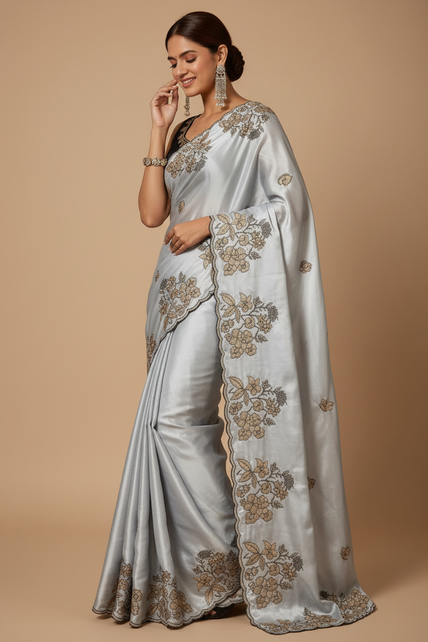 Snuggle Spot Women's Viscose Silk Embroidered Saree With Unstitched Blouse 5.5Mtr (Grey)