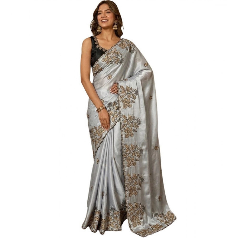 Snuggle Spot Women's Viscose Silk Embroidered Saree With Unstitched Blouse 5.5Mtr (Grey)