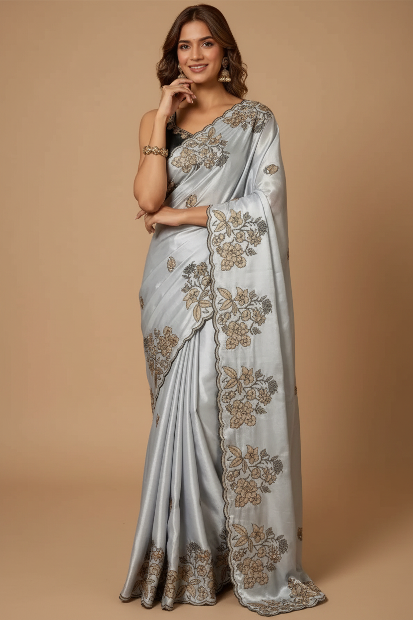 Snuggle Spot Women's Viscose Silk Embroidered Saree With Unstitched Blouse 5.5Mtr (Grey)