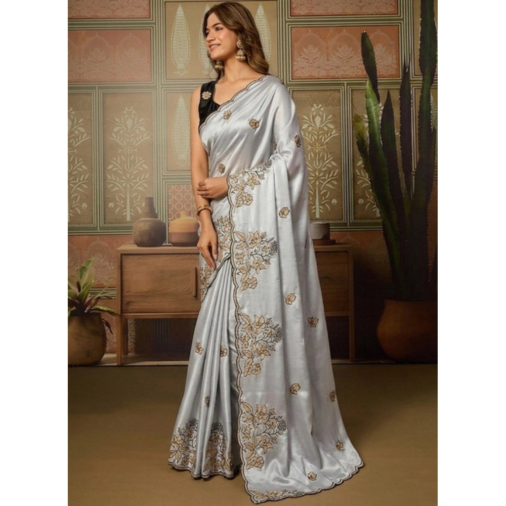 Snuggle Spot Women's Viscose Silk Embroidered Saree With Unstitched Blouse 5.5Mtr (Grey)