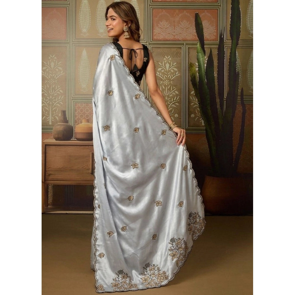 Snuggle Spot Women's Viscose Silk Embroidered Saree With Unstitched Blouse 5.5Mtr (Grey)