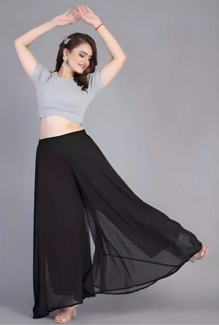 Generic Women's Pack of 1 Georgette Solid High Rise Wide Leg Flared Palazzo with Elastic Waist (Black)