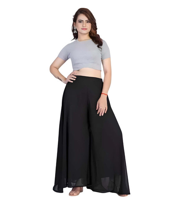 Generic Women's Pack of 1 Georgette Solid High Rise Wide Leg Flared Palazzo with Elastic Waist (Black)