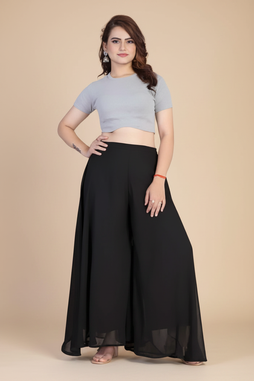 Generic Women's Pack of 1 Georgette Solid High Rise Wide Leg Flared Palazzo with Elastic Waist (Black)