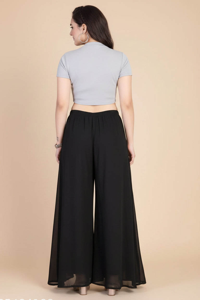 Generic Women's Pack of 1 Georgette Solid High Rise Wide Leg Flared Palazzo with Elastic Waist (Black)