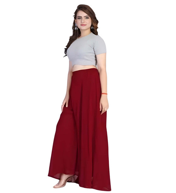 Generic Women's Pack of 1 Georgette Solid High Rise Wide Leg Flared Palazzo with Elastic Waist (Maroon)