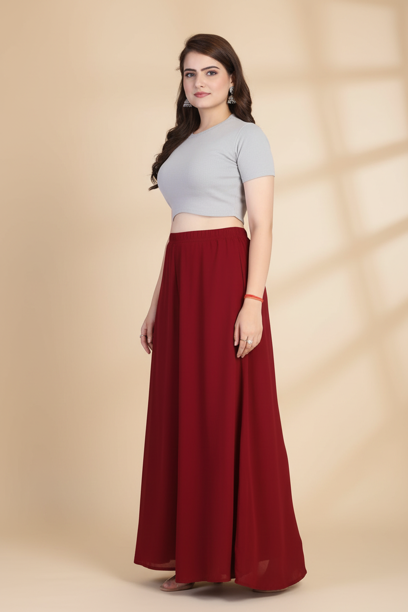 Generic Women's Pack of 1 Georgette Solid High Rise Wide Leg Flared Palazzo with Elastic Waist (Maroon)