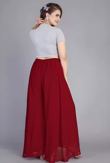 Generic Women's Pack of 1 Georgette Solid High Rise Wide Leg Flared Palazzo with Elastic Waist (Maroon)