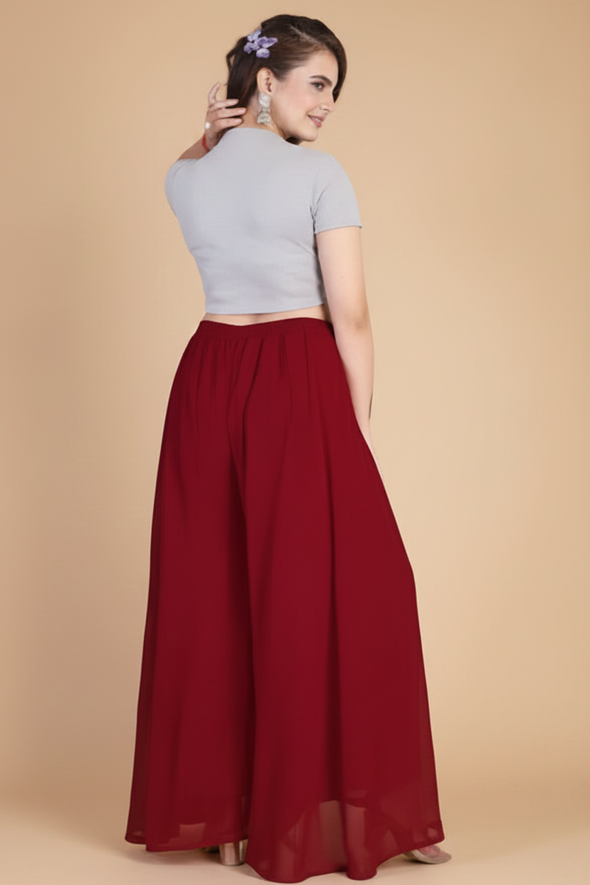 Generic Women's Pack of 1 Georgette Solid High Rise Wide Leg Flared Palazzo with Elastic Waist (Maroon)