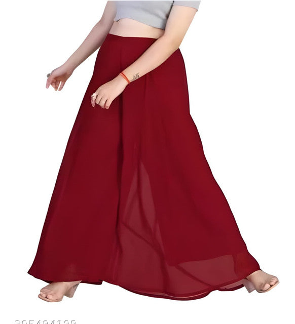 Generic Women's Pack of 1 Georgette Solid High Rise Wide Leg Flared Palazzo with Elastic Waist (Maroon)