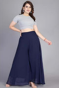 Generic Women's Pack of 1 Georgette Solid High Rise Wide Leg Flared Palazzo with Elastic Waist (Navy Blue)