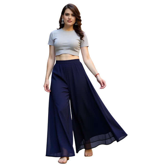 Generic Women's Pack of 1 Georgette Solid High Rise Wide Leg Flared Palazzo with Elastic Waist (Navy Blue)