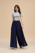 Generic Women's Pack of 1 Georgette Solid High Rise Wide Leg Flared Palazzo with Elastic Waist (Navy Blue)