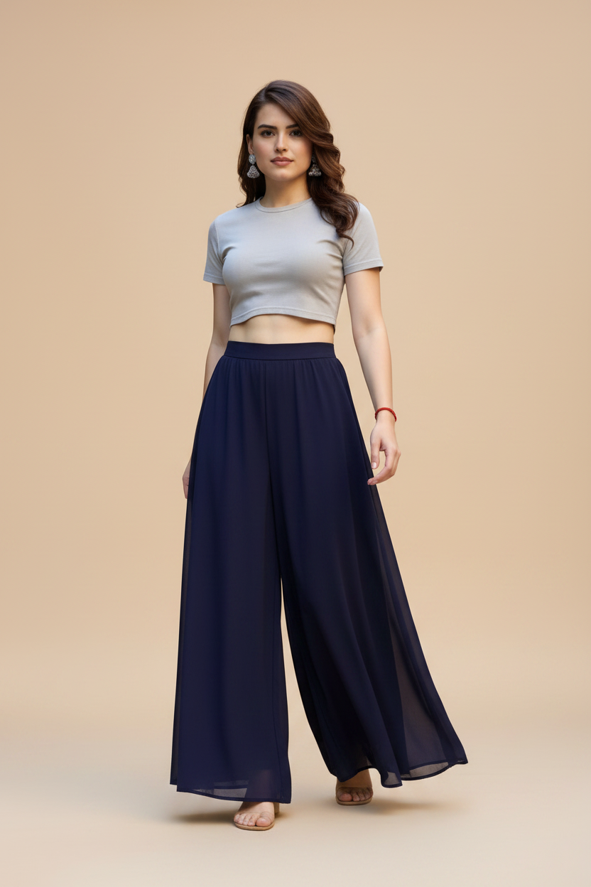 Generic Women's Pack of 1 Georgette Solid High Rise Wide Leg Flared Palazzo with Elastic Waist (Navy Blue)