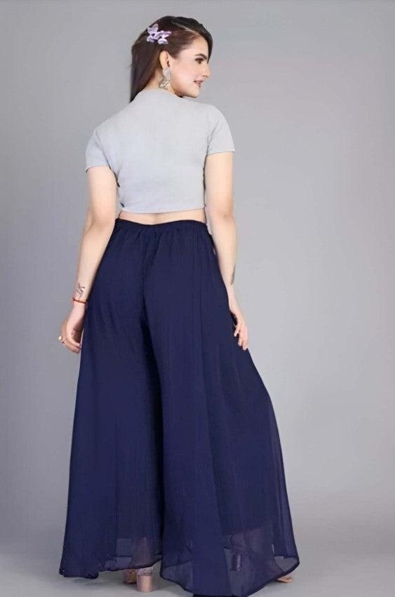 Generic Women's Pack of 1 Georgette Solid High Rise Wide Leg Flared Palazzo with Elastic Waist (Navy Blue)
