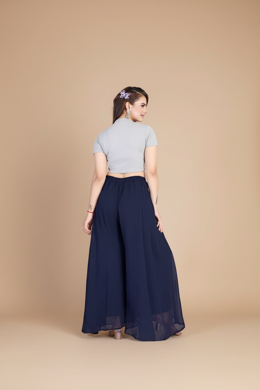 Generic Women's Pack of 1 Georgette Solid High Rise Wide Leg Flared Palazzo with Elastic Waist (Navy Blue)