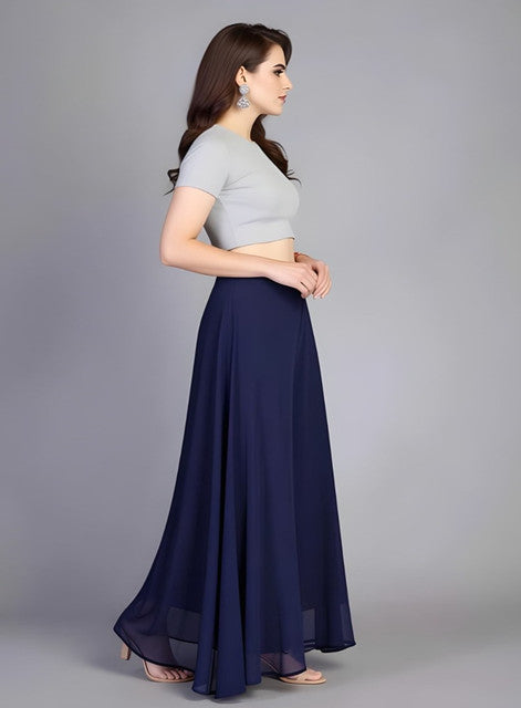 Generic Women's Pack of 1 Georgette Solid High Rise Wide Leg Flared Palazzo with Elastic Waist (Navy Blue)