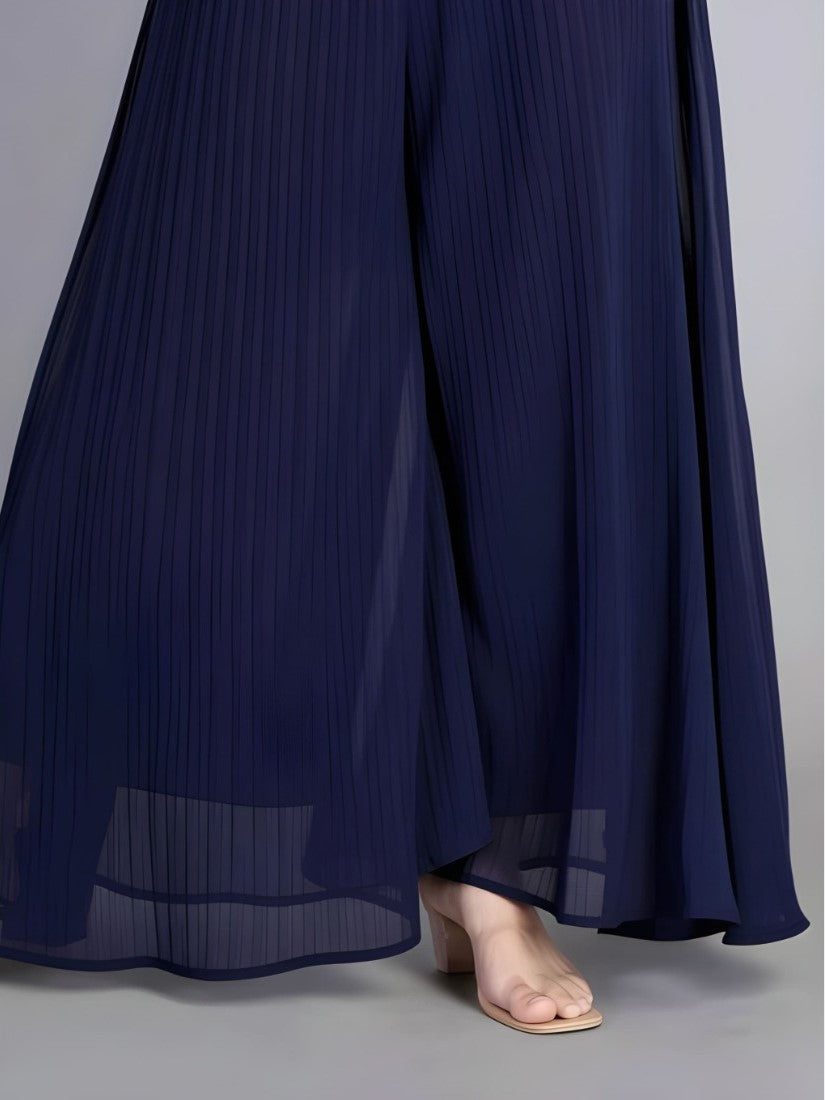 Generic Women's Pack of 1 Georgette Solid High Rise Wide Leg Flared Palazzo with Elastic Waist (Navy Blue)