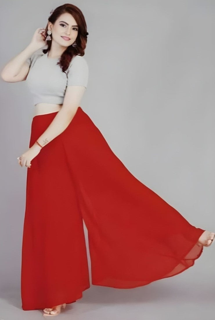 Generic Women's Pack of 1 Georgette Solid High Rise Wide Leg Flared Palazzo with Elastic Waist (Red)