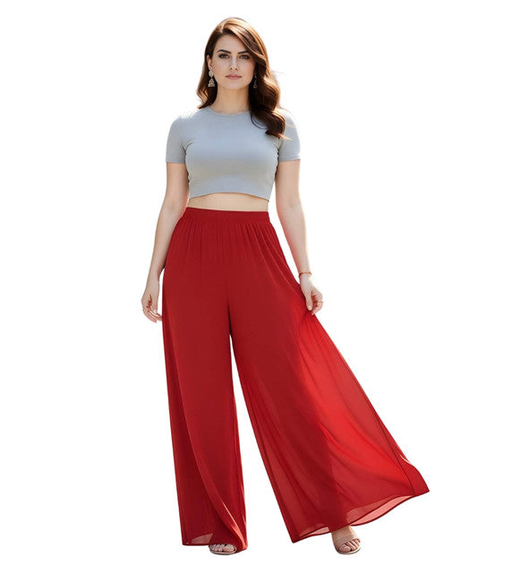Generic Women's Pack of 1 Georgette Solid High Rise Wide Leg Flared Palazzo with Elastic Waist (Red)
