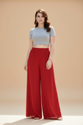 Generic Women's Pack of 1 Georgette Solid High Rise Wide Leg Flared Palazzo with Elastic Waist (Red)