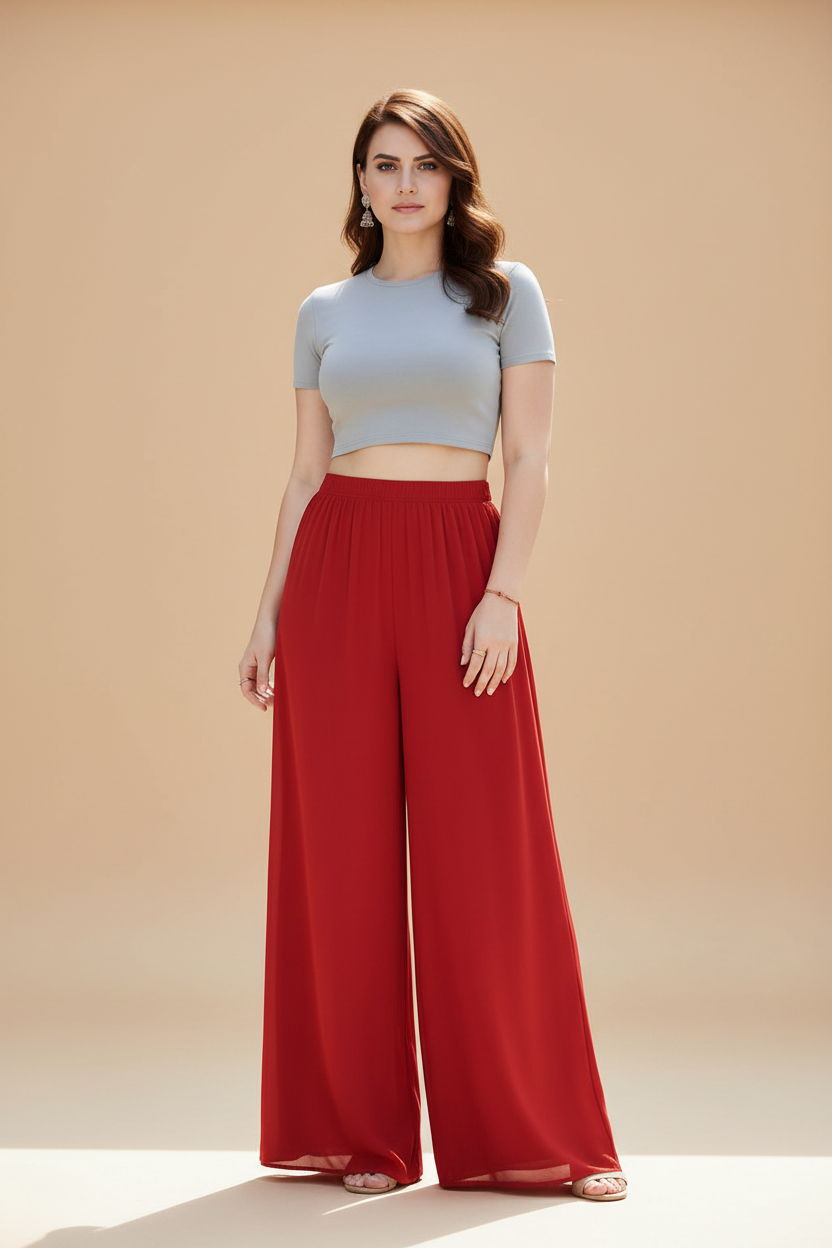 Generic Women's Pack of 1 Georgette Solid High Rise Wide Leg Flared Palazzo with Elastic Waist (Red)