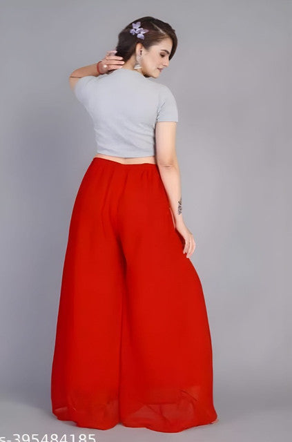Generic Women's Pack of 1 Georgette Solid High Rise Wide Leg Flared Palazzo with Elastic Waist (Red)