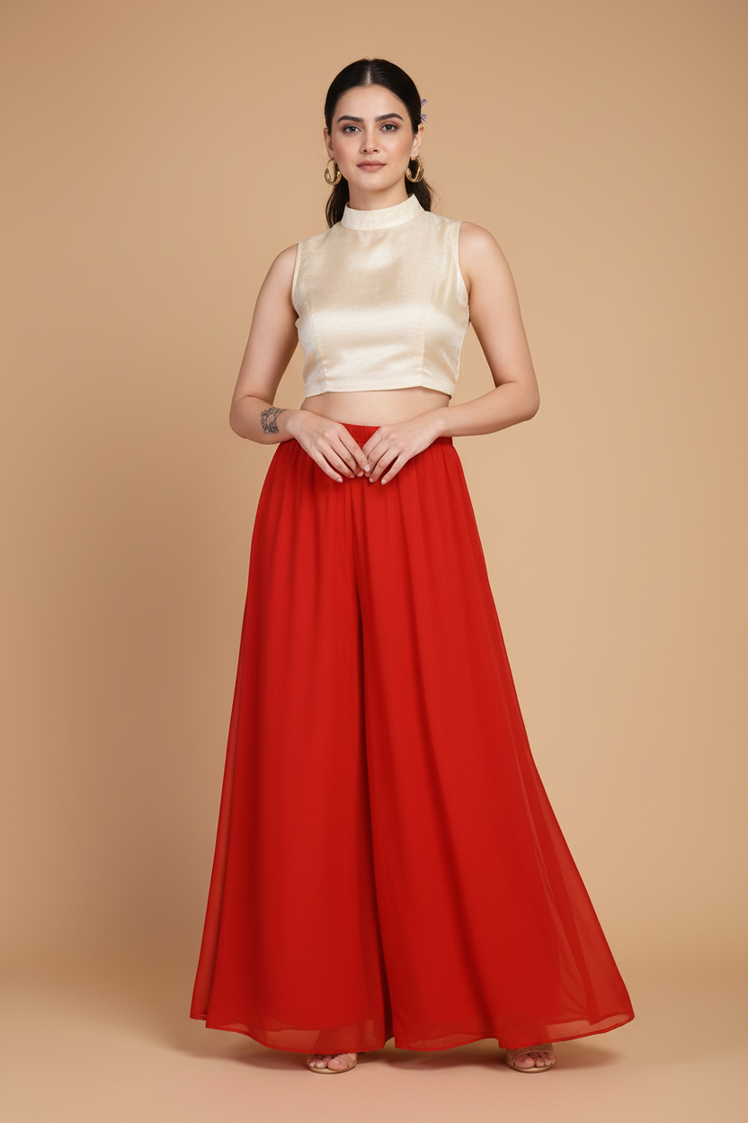 Generic Women's Pack of 1 Georgette Solid High Rise Wide Leg Flared Palazzo with Elastic Waist (Red)