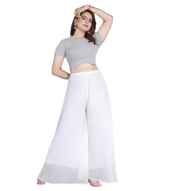 Generic Women's Pack of 1 Georgette Solid High Rise Wide Leg Flared Palazzo with Elastic Waist (White)