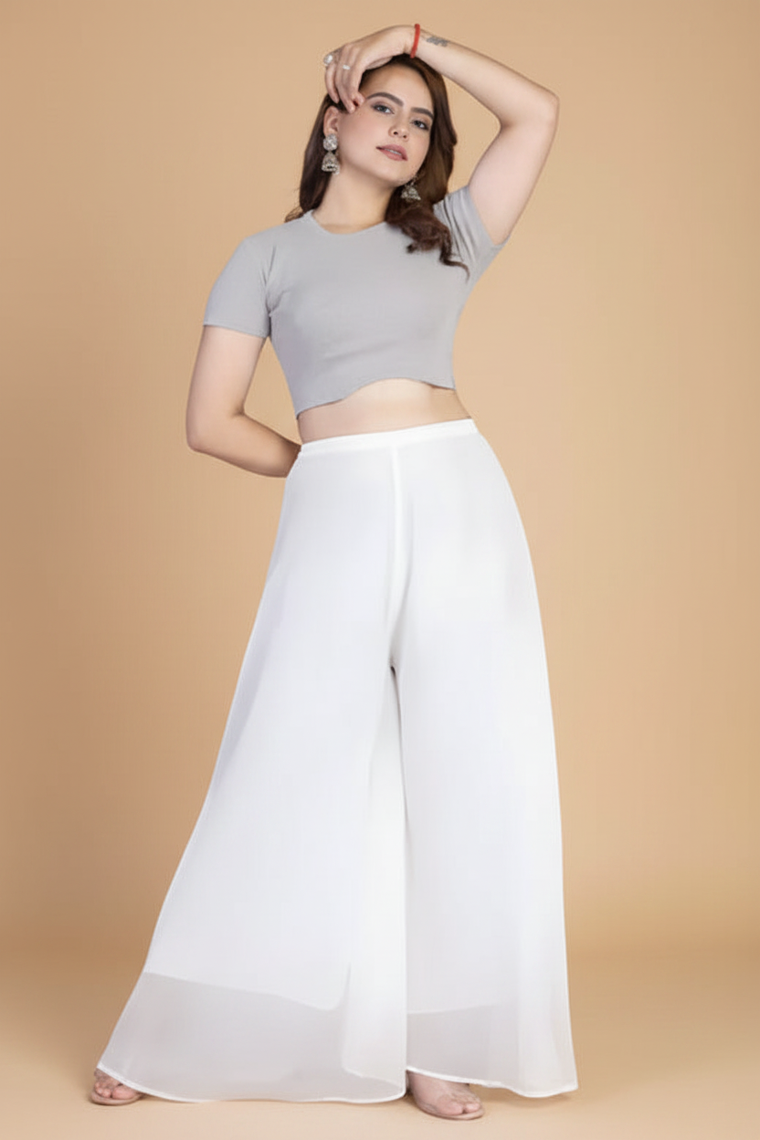 Generic Women's Pack of 1 Georgette Solid High Rise Wide Leg Flared Palazzo with Elastic Waist (White)