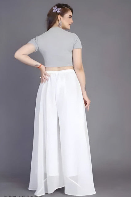 Generic Women's Pack of 1 Georgette Solid High Rise Wide Leg Flared Palazzo with Elastic Waist (White)