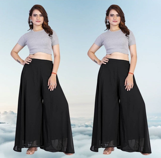 Generic Women's Pack of 2 Georgette Solid High Rise Wide Leg Flared Palazzos with Elastic Waist (Black)