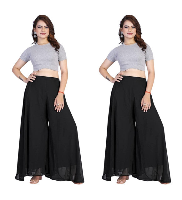 Generic Women's Pack of 2 Georgette Solid High Rise Wide Leg Flared Palazzos with Elastic Waist (Black)