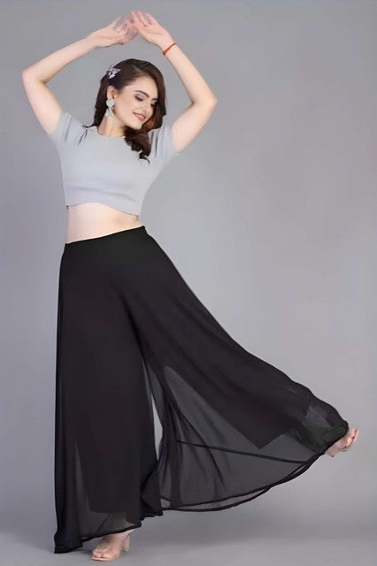 Generic Women's Pack of 2 Georgette Solid High Rise Wide Leg Flared Palazzos with Elastic Waist (Black)