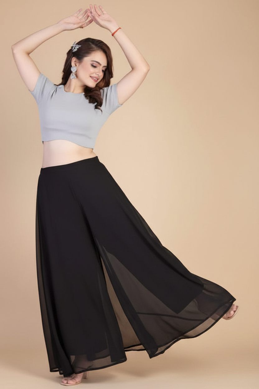 Generic Women's Pack of 2 Georgette Solid High Rise Wide Leg Flared Palazzos with Elastic Waist (Black)