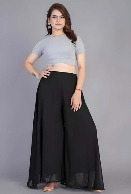 Generic Women's Pack of 2 Georgette Solid High Rise Wide Leg Flared Palazzos with Elastic Waist (Black)