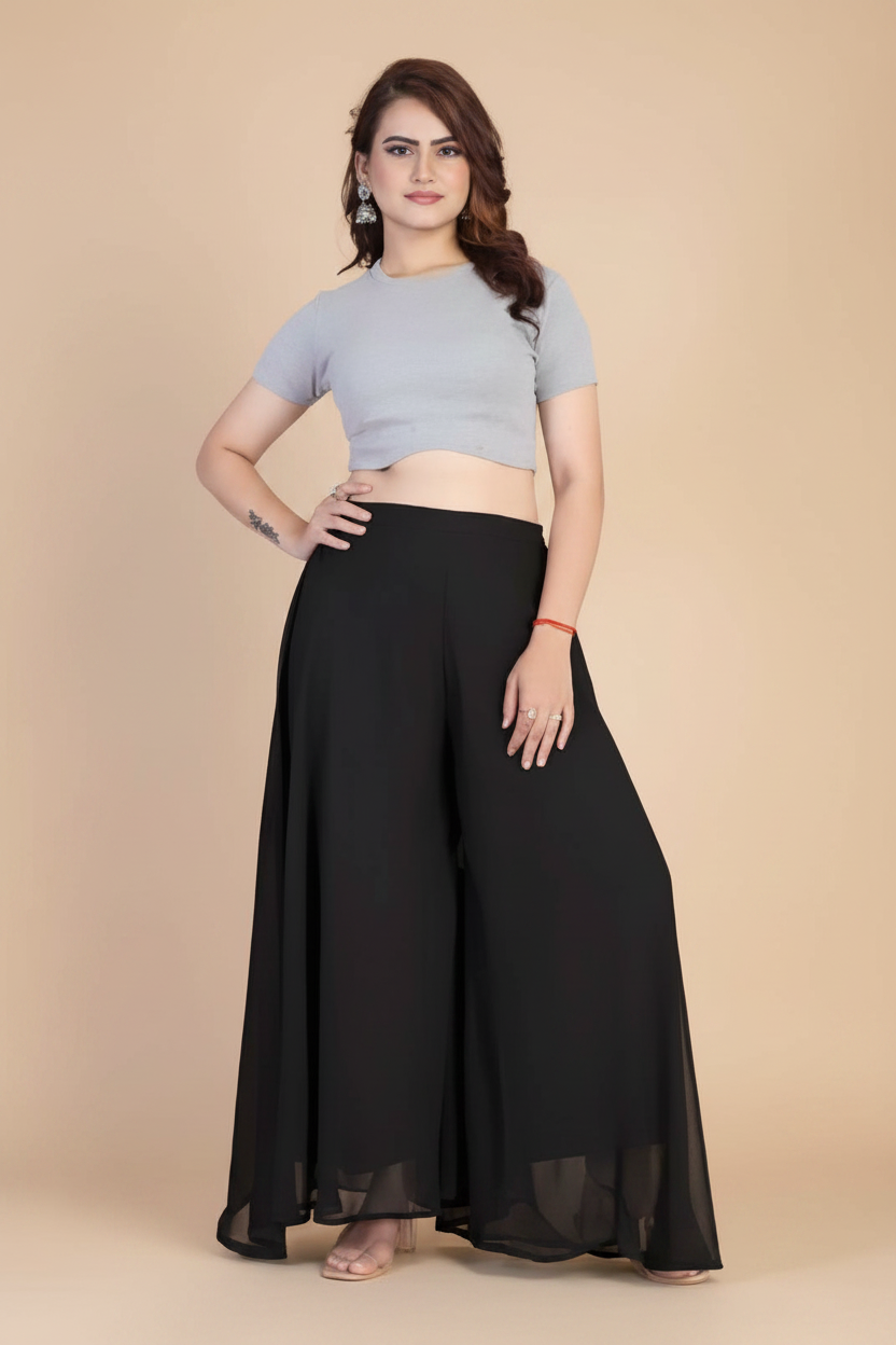 Generic Women's Pack of 2 Georgette Solid High Rise Wide Leg Flared Palazzos with Elastic Waist (Black)