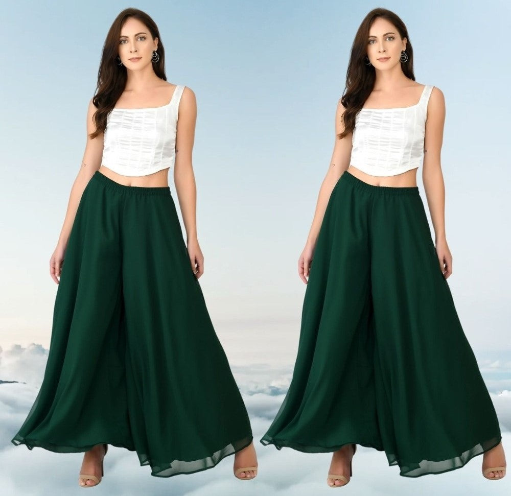Generic Women's Pack of 2 Georgette Solid High Rise Wide Leg Flared Palazzos with Elastic Waist (Bottle Green)