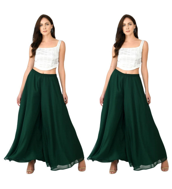 Generic Women's Pack of 2 Georgette Solid High Rise Wide Leg Flared Palazzos with Elastic Waist (Bottle Green)