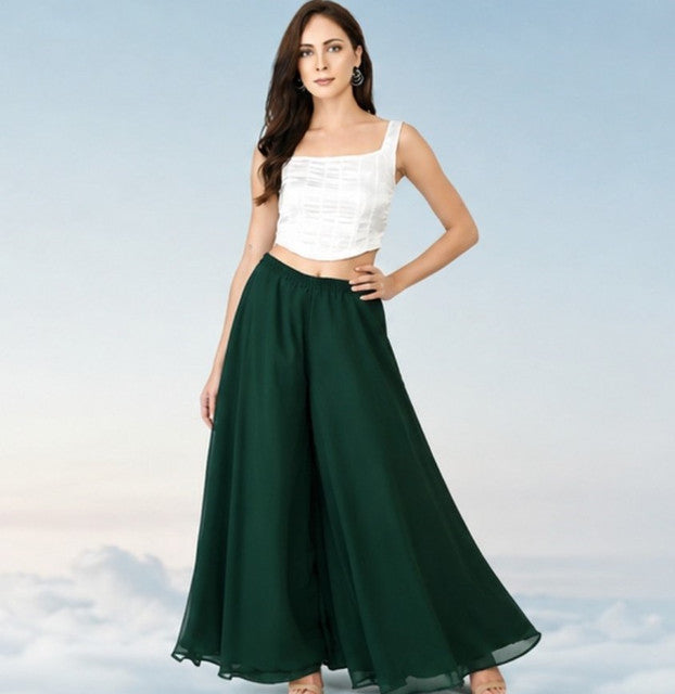 Generic Women's Pack of 2 Georgette Solid High Rise Wide Leg Flared Palazzos with Elastic Waist (Bottle Green)